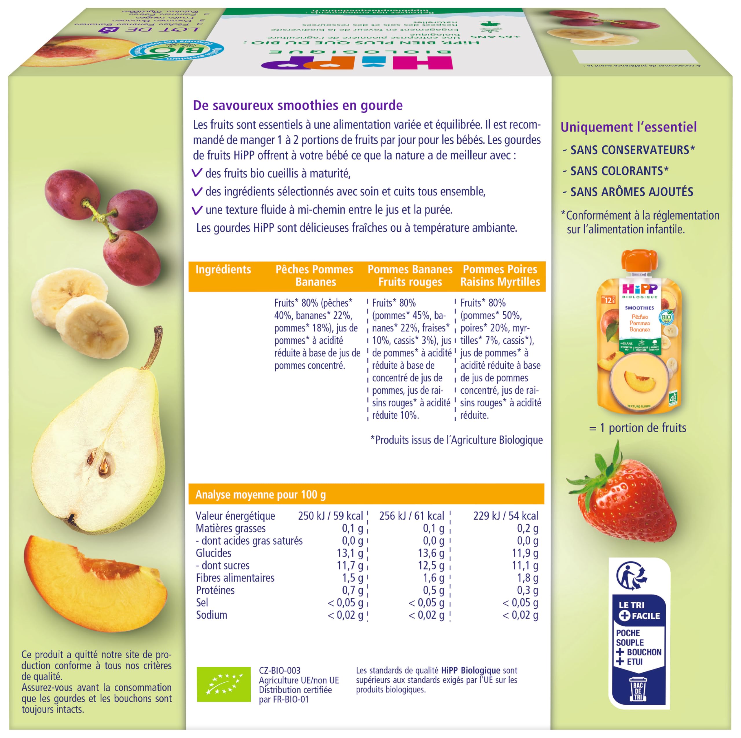 HiPP Smoothies gourde fruits 12 mois 32x120ml 3 parfums bio