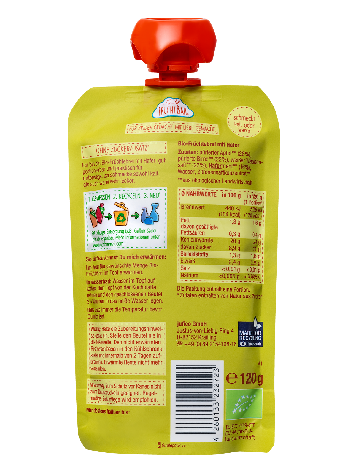 FruchtBar Bio Quetschies gourde bébé pomme poire raisin avoine 120g
