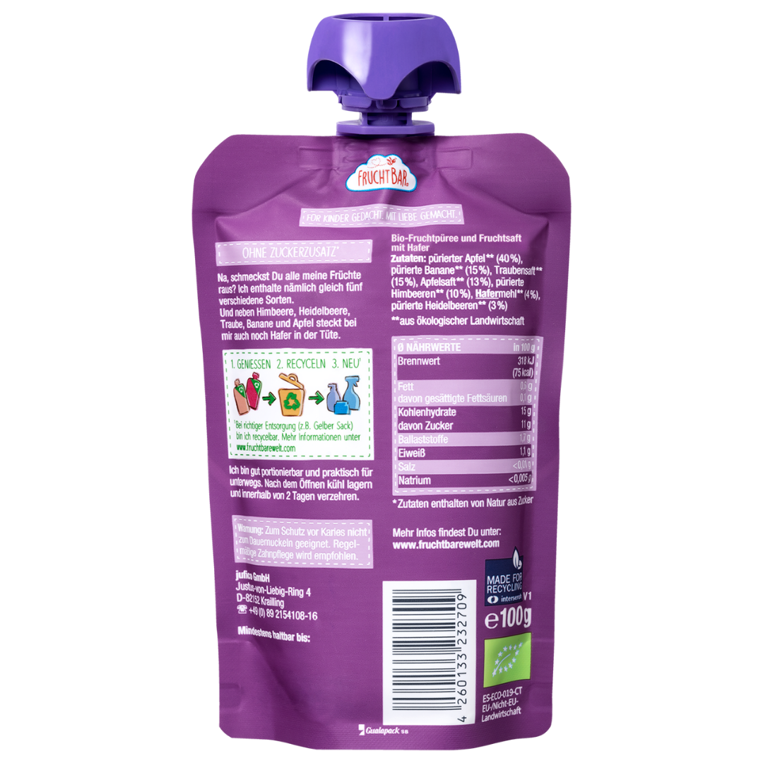 FruchtBar Bio Quetschies framboise myrtille gourde bio