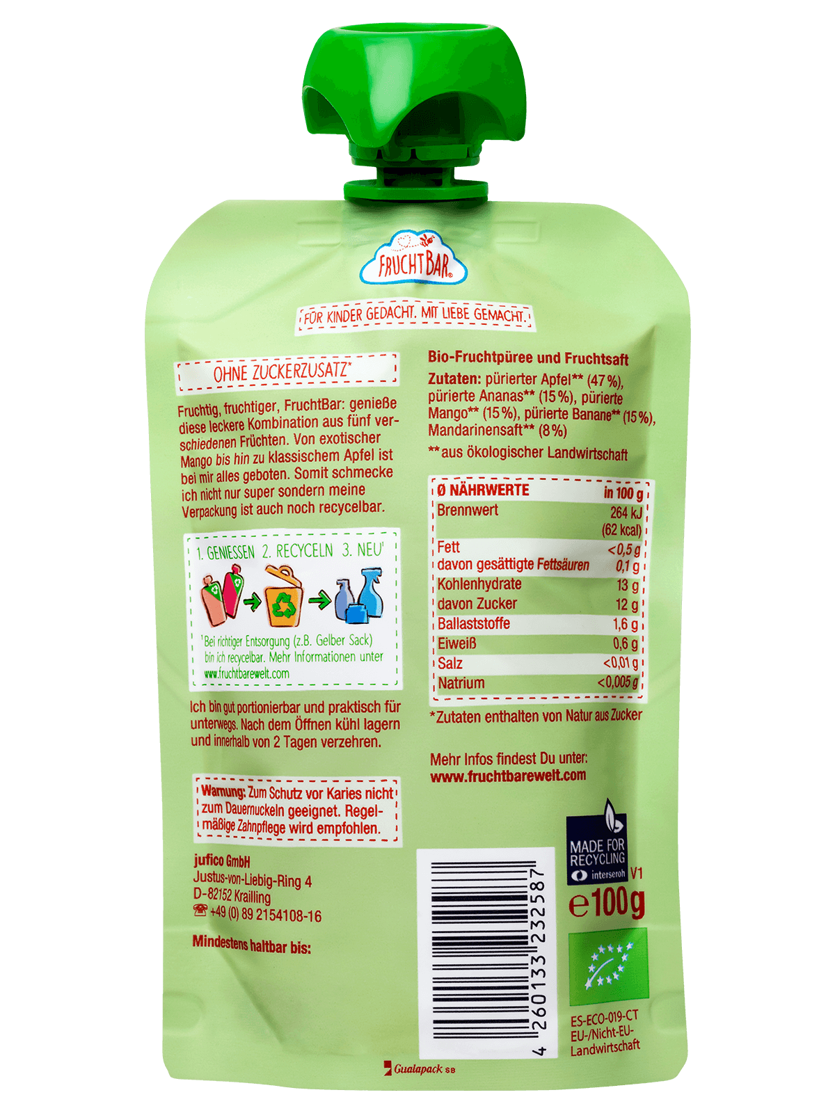 FruchtBar Quetschie Ananas Mandarine Mangue Gourde Bébé 6 Mois
