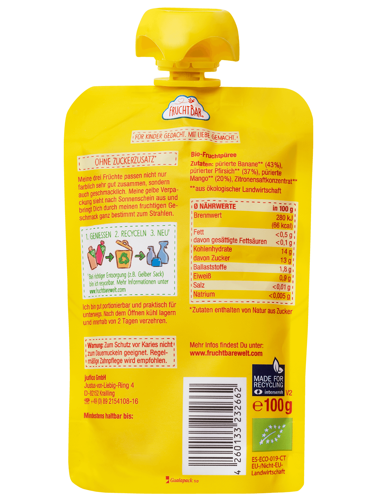 FruchtBar Bio Quetschies Mangue Pêche Banane gourde bébé bio