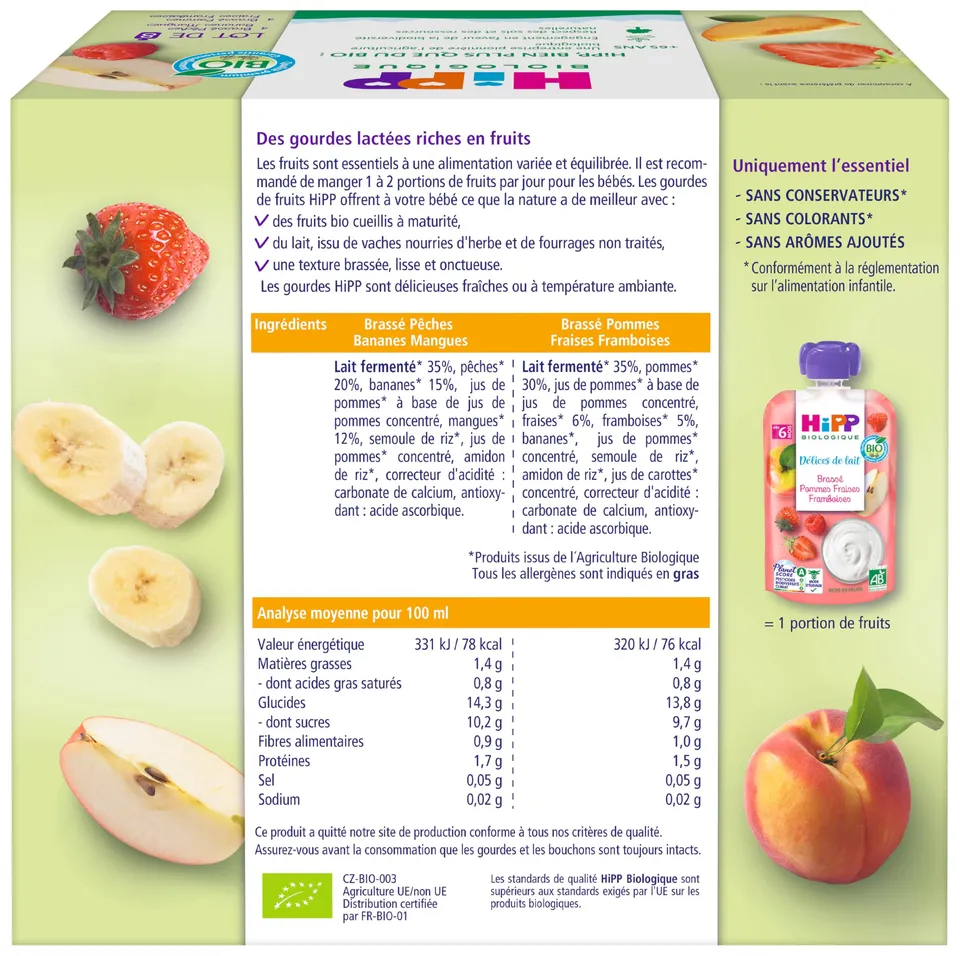 HiPP Délices de Lait Brassés Gourde Bébé 8x90g 2 parfums