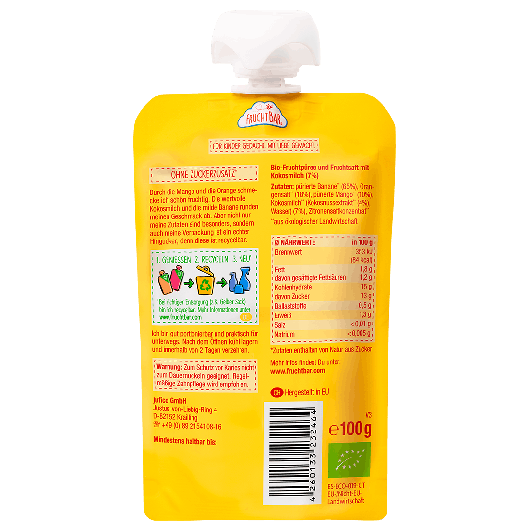 FruchtBar Bio Quetschies gourde mangue orange coco dès 6 mois