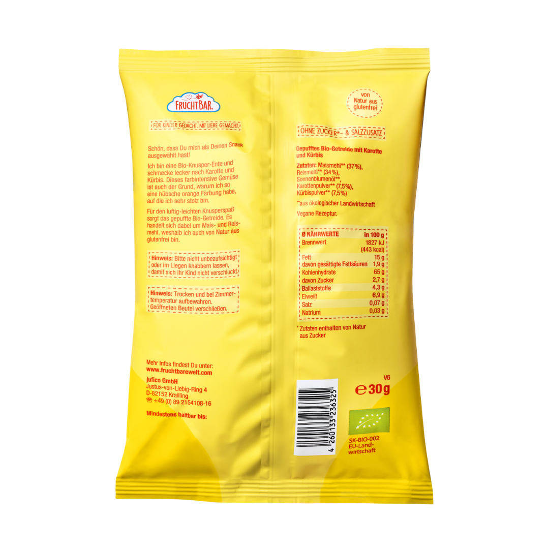 FruchtBar Bio Snacks Knusper Enten snack riz maïs carotte