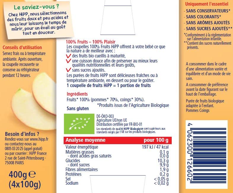 HiPP Pommes Coings Compote Bébé 6x4x100g Dès 4 Mois Bio